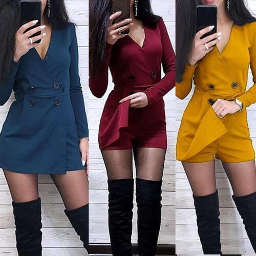Chic Women Playsuits Solid Color Long Sleeve V Neck Double-breasted Short Playsuit Jumpsuit Womens Playsuits