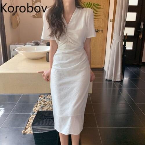 Korobov Korean Chic Women Dress 2020 New Fashion Short Sleeve Vestidos Mujer Korean V Neck High Waist Solid Female Dresses