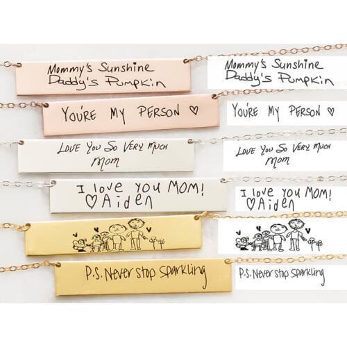 Custom Children Drawing Silver Necklace Women Handwriting Artwork Necklace Name Signature Necklace Quotes Bar Necklaces Jewelry