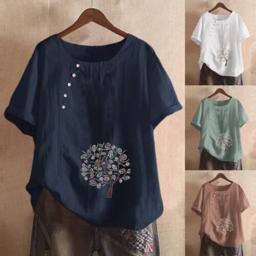 5xl Plus Size Vintage Shirt Floral Print Button Blouse O-neck Short Sleeve Tunic Tops For Women Casual Summer Blouses Винтаж Топ