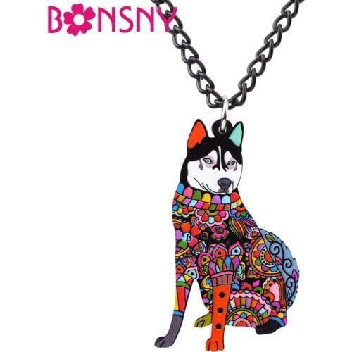 Bonsny Acrylic Siberian Husky Dog Necklace Pendant Chain Choker Fashion Animal Jewelry Charms For Women Girls Accessories Pets