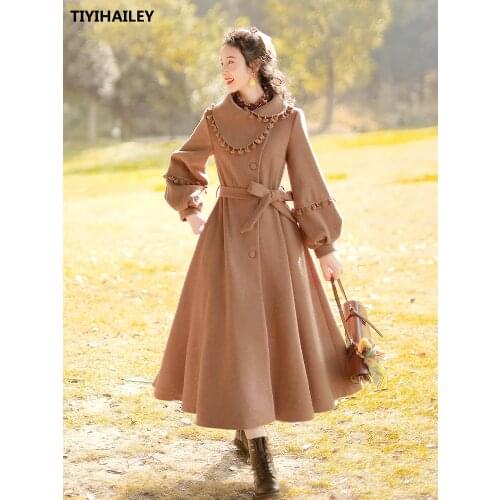 Free Shipping Boshow Long Maxi Winter Vintage Trench Women Outerwear Belt Lantern Sleeve Big Hem Wool Single Breasted Tassels