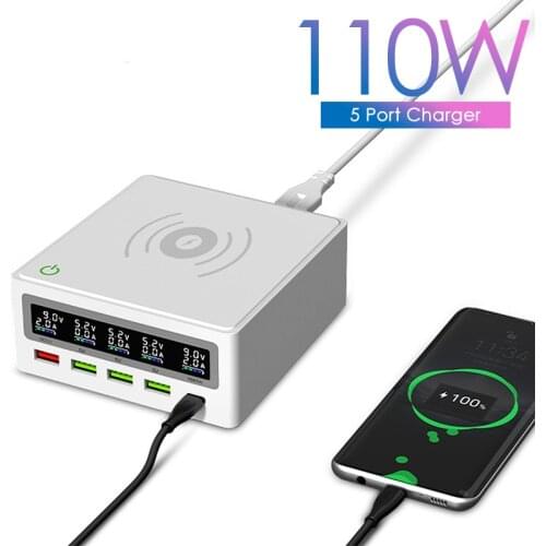 ILEPO 110W Qi Wireless Charger Type C PD USB Charger 65W QC3.0 Power Adapter LCD Display Charge Station For iPhone Xiaomi Tablet