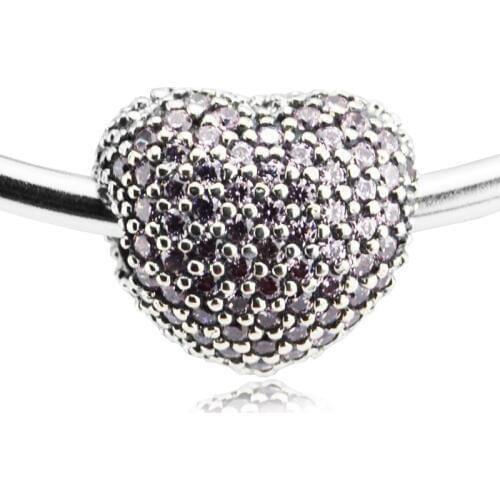 QANDOCCI 925 Sterling Silver Pave Open My Heart Pink CZ Charms Bead Fits Bracelets Diy Jewelry Making Valentines Day