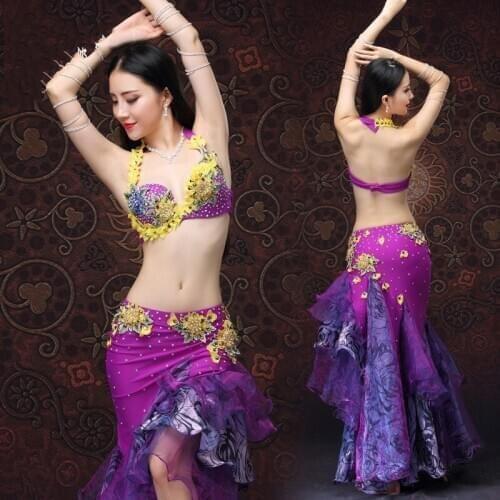 Belly Dance XL Size Push Up Bra High Grade Belly Dance Costumes Set Bra Skirt Adjustable 2pcs Purple Eastern Style