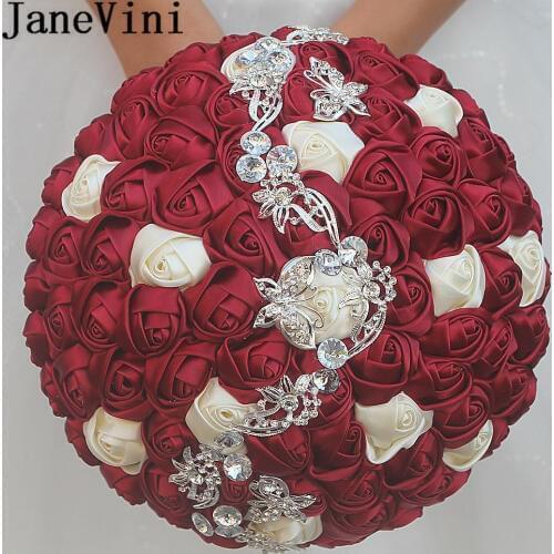 JaneVini 24cm Satin Flowers Bridal Bouquet With Crystal Rose Burgundy Flower Beaded Wedding Bouquet Purple Bouquets Accessories