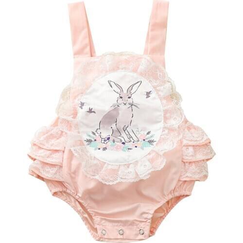 Baby Newborn Girls Easter Bunny Print Romper Infant Toddler Lace Suspender Sleeveless Romper Jumpsuit Clothing 0-24M