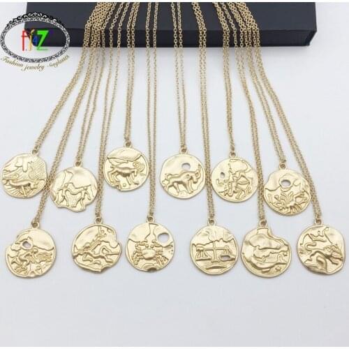 F.J4Z Hot Horoscope Necklace Fashion Matted Gold Color 12 Constellation Coin Pendants Long Necklaces Jewelry For Men Women