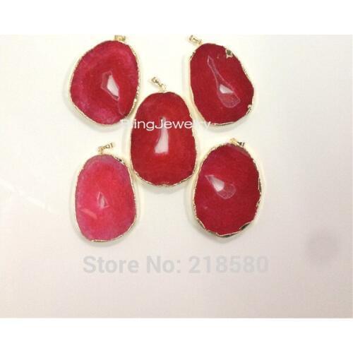 H-DP1185 Hot Pink Created Agates slice Geode Pendant with Gold Layered and Bail