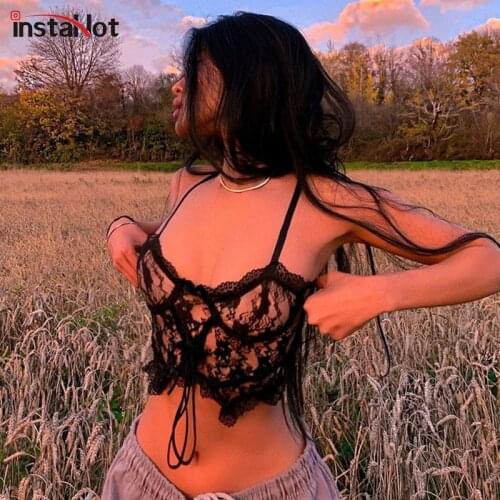 InstaHot Lace Bandage Spaghetti Strap Camis Sexy Black Summer Cropped Top 2021 Fashion Streetwear Patchwork Camisole Party Camis