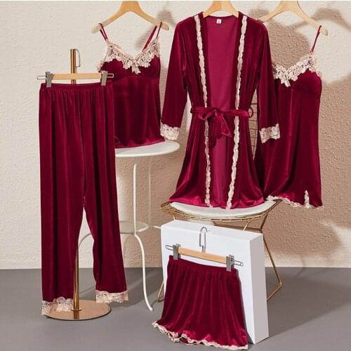 Women Velour 5PCS Kimono Pajamas Sets Bride Dressing Bathrobe Gown Sexy Lace Floral Trim Lounge Home Wear Nightgown Sleepwear