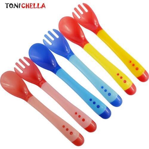 Baby Temperature Sensing Spoon Fork Food Grade Silicone Infant Feeding Training Flatware Soft Safety Toddler Utensils CL5400