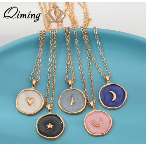Fashion Europen Alloy Oil Drop Women Long Simple Stars Moon Heart Round Double Layer Golden Pendant Necklace Jewelry For Girls