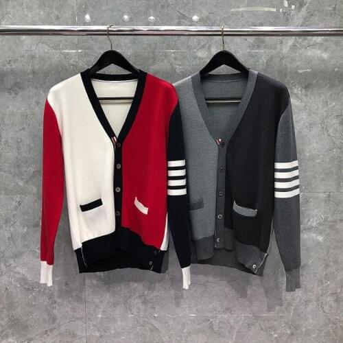 2021 Fashion Brand Sweaters Men Slim Fit V-Neck Cardigans Clothing Patchwork Striped Cotton Autumn Winter Casual Coat
