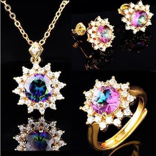 KOFSAC New 925 Silver Jewelry Sets For Women High Quality Laser Colorful Zircon Golden Snowflake Ring Earring Necklaces Set Lady