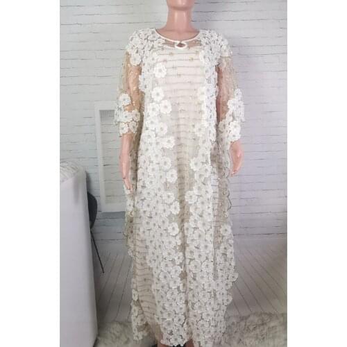 New Style Classic African Womens Abaya Stylish KWA Dashiki Net Cloth Lace Embroidered Loose Long Dress 2 Piece Free Size