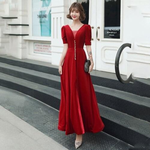 Special Occasion Dresses Vintage V-Neck Short Pearls Backless Floor-Length A-Line Luxury Burgundy Elegant Women Prom Gown E903