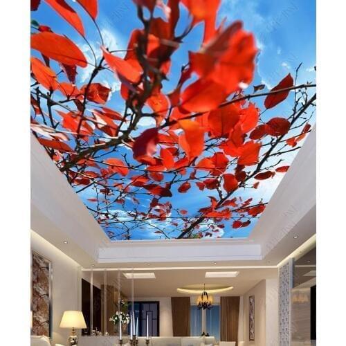 1886 Red Flowers in the Blue Sky PVC Stretched Ceiling Film For Home decoration
