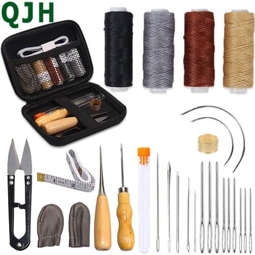 QJH Leather Sewing Kit With Large-Eye Stitching Needles Waxed Thread awl Measuring ruler thimble Tools For DIY Leather Craft