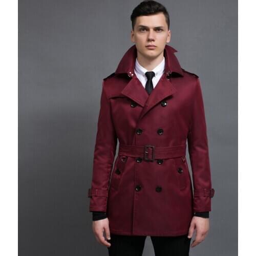 Coat Luxury England Style Double Breasted Solid Color Mens Jackets Fashion Wine Red Long Man Trench