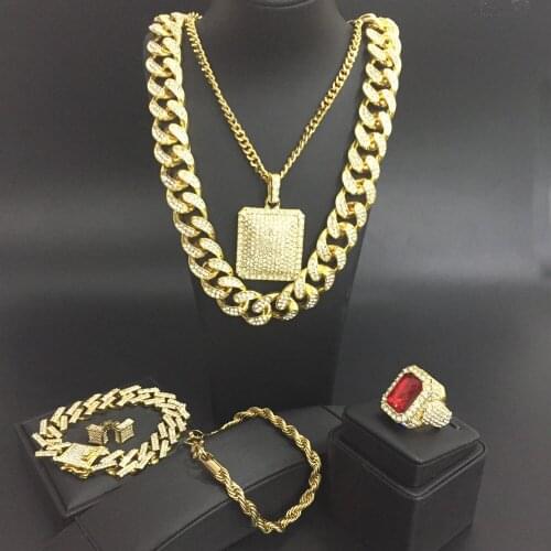 Luxury Men Gold Watch & Necklace & Pendant & Bracelet & Ring & Earring Combo Set Crystal Miami Necklace Chain Hip Hop For Men
