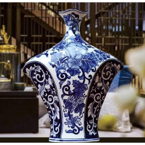 Blue and White Porcelain Vase Decoration Hand Painted Creative Pattern Classical New Flower Ceramic Ornament Home Decoration Jar