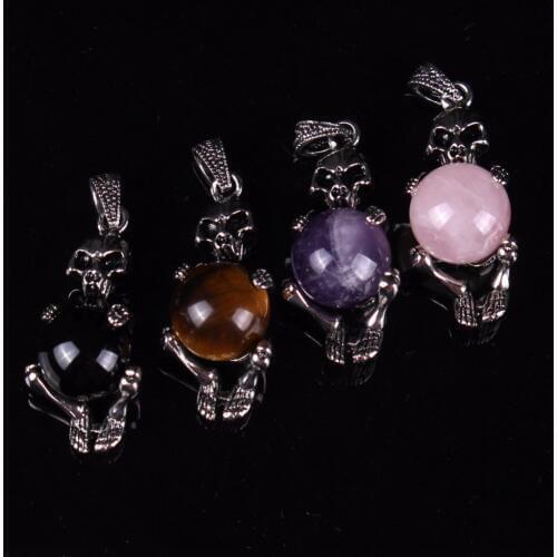 Skeleton Wrapped Round Moving Natural Clear Rose Crystal Quartz Ball Spheres Gothic Power Healing Chakra Reiki Stone Pendant
