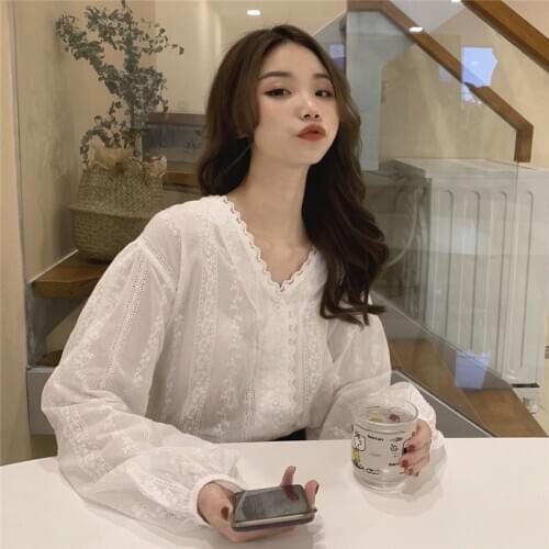 Transparent Elegant Summer Blouse Women V Neck Floral Embroidery Blouse Lace Patchwork Sweet Lolita Korean Tops Casual 2020 W769