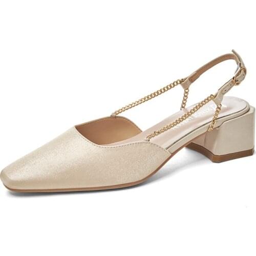 Woman Sandals Shoes Summer Style Chain Pumps High Heels Thick Square Toe Buckle Strap Fashion Solid Gladiator