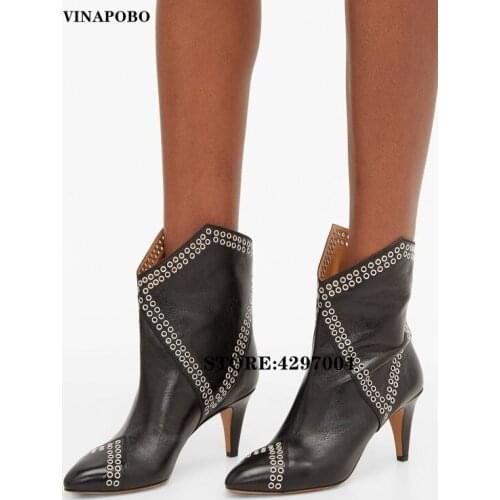 Slip-on Shallow Ankle Boots Winter Womens High Heel Metal Decor Genuine leather Black fashion boots mujer winter Shoes Women