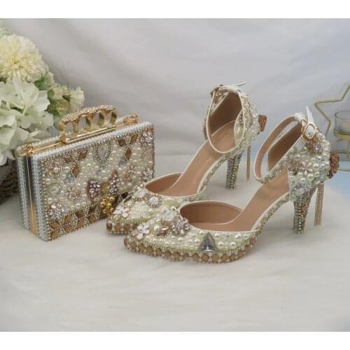 2021 Women Luxury Wedding Shoes Crystal Bridal Summer Sandals Party Pumps And Bag Pointed Toe Ankle Strap Dress Shoes Handbag