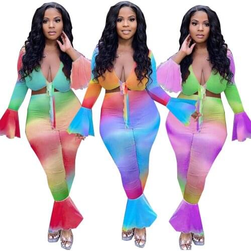 Two Piece Set Women Rave Outfit Urban Individuality Printing Flared Sleeve Flared Trousers Pant Suits Wholesale Dropshipping