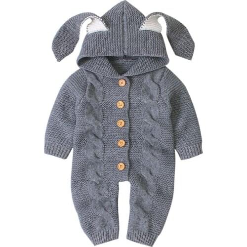 Winter Baby Bodysuit Boys Girls Long Sleeve Solid Rabbit Ear Hoodie Knitted Hoodie Romper Bodysuit Baby Jumpsuit