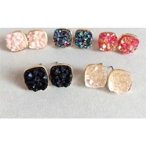 10colors Square Drusy Stud Earrings Fashion Resin Quartz Stone Earings Gold Color Cute Brand Jewelry for Women 12