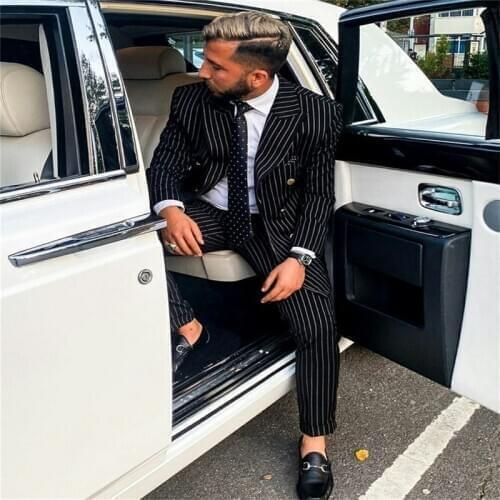 2021 Black Pinstripe Double Breasted Business Suits For Men Formal Wedding Tuxedo Peaked Lapel 2 Piece Male Groom Jacket Costume