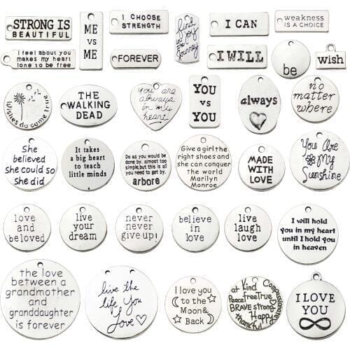30pcs Zinc Alloy Mixed Trendy Inspiration Words Charms Pendants For DIY Necklaces Bracelets Jewelry Making
