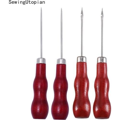 4PCS Redwood Gourd Canvas Leather Sewing Shoes Wood Handle Tool Awl Hand Stitching Taper Needle Tool Craft Sewing Supplies