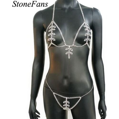 Stonefans Shining Full Rhinestone Leaves Body Chain Jewellery for Women Sexy Crystal Bikini Underwear Designer with Beach Party