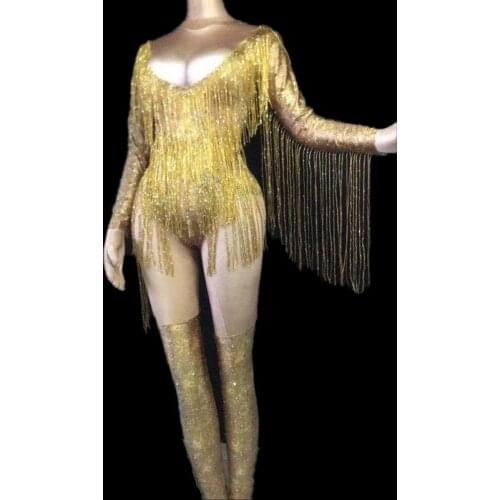 Glisten Crystals Gold Jumpsuit Sexy Long Tassel Women Outfit Nightclub Female Singer Costume Stage Dance DS Performance Clothing