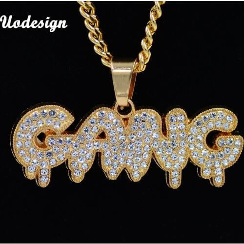 Hip Hop Full AAA CZ Stones letter GANG Pendants Necklace for Men Rapper Jewelry