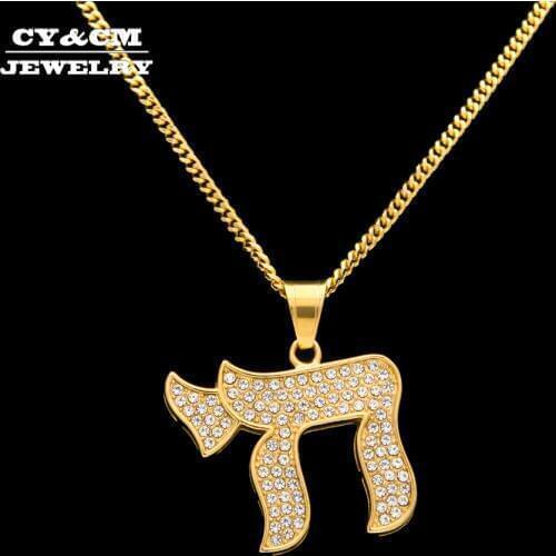 CY&CM Stainless Steel Chai Symbol Religious Charm Gold Color Jewelry Bling AAA Rhinestone Jewish Hiphop Punk Pendant Necklaces