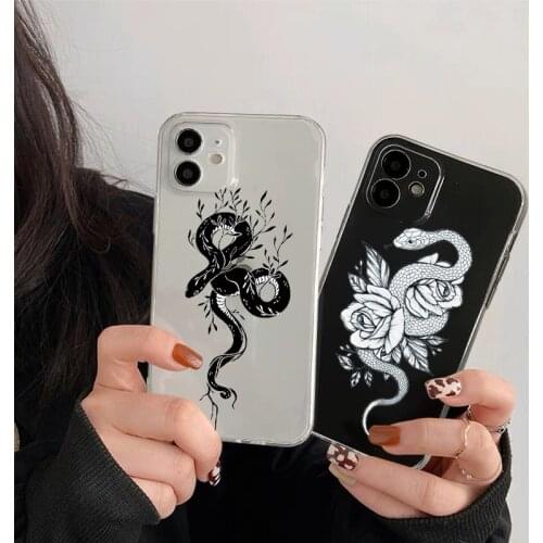 Snake Transparent TPU Flower Phone Case For iPhone 12 XR XS Max SE2020 6 6S 7 8 PLUS X 11Pro Max 11 Mini Soft Cover Shell Bag