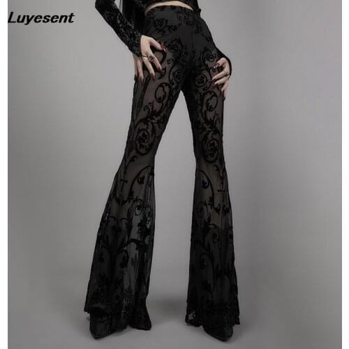 Black Gothic Lady Sexy Transparent Long Flare Pant Summer Mesh Floral Women Dark Goth Street Pants See Through Sexy Trousers
