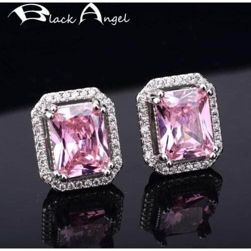 BLACK ANGEL 925 Silver Rectangle Pink Zircon Stud Earrings for Women Gemstone Wedding Fashion Jewelry Christmas Gift