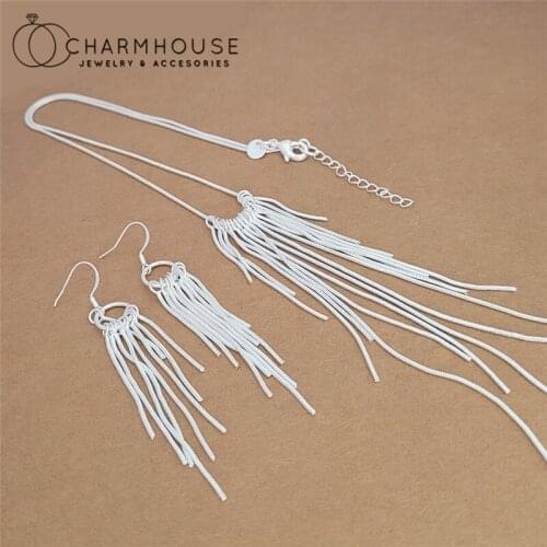 Pure Silver Jewelry Sets For Women Long Tassel Pendant Necklace Earrings 2pcs Jewellery Set Collier Brincos Femme Accesories