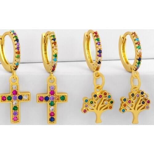 Tree cross multicolor Brass micro pave cz zircon cubic zirconia drop Hoop Earrings studs copper gold plated crystal ujgh3454