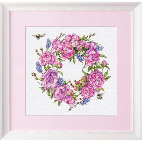 Living Room Flower Fishxx Home Hand Embroidery B1560 Little Bee And Peony Wreath Cross Stitch Kit Decorative Painting