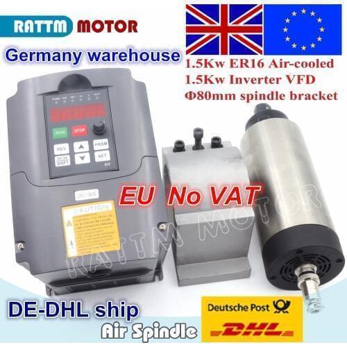 EU free VAT 1.5KW Air-cooled spindle motor 80x200mm ER16 & 1.5KW VFD 220V inverter & 80mm cast aluminium bracket for CNC Milling