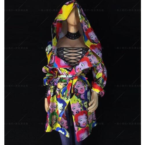Jazz Dance Costumes Monroe Head Hooded Long Trench Coat Personality Hip Hop Jacket Nightclub Stage Clothes For Singers DNV10003