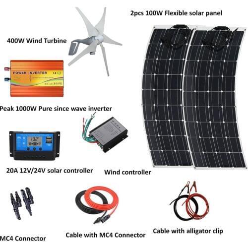 600W wind solar hybrid system: 200W flexible solar panel,400W Wind Turbine Generator,peak 1000w oure since inverter, controller